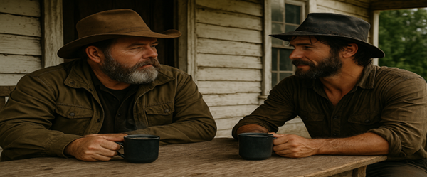 Thorne Wilder and Brogo Mann talking over coffee on the porch